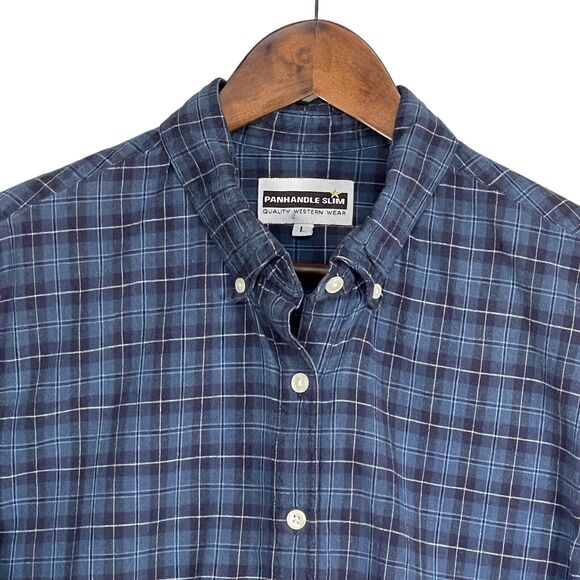 Panhandle Slim Shirt‎ Top Women Size L Blue Plaid Button Up Collared 100% Cotton - Picture 5 of 12